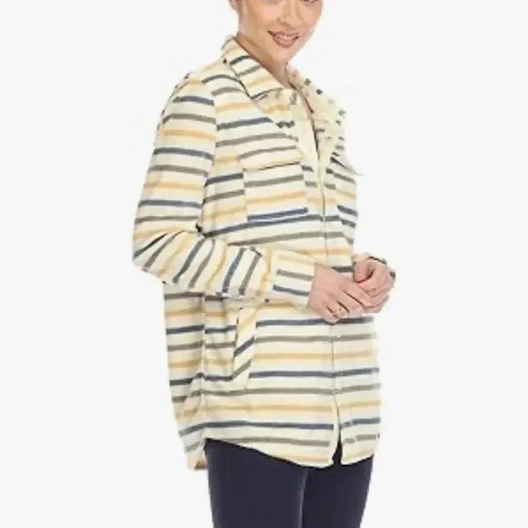 O'Neill Women's Polar Fleece Button Up Shirt Jacket Size XXL Yellow Blue Striped - Picture 2 of 13